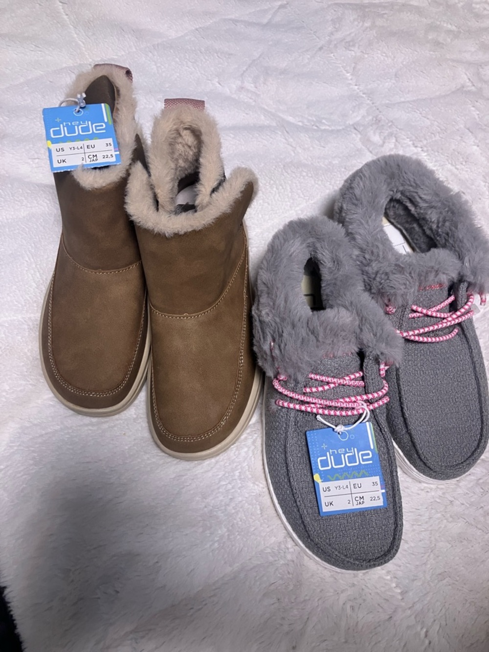 TWO for ONE- Hey Dude Women's Brown Ankle Slip-On & Gray Faux-Fur Moccasins